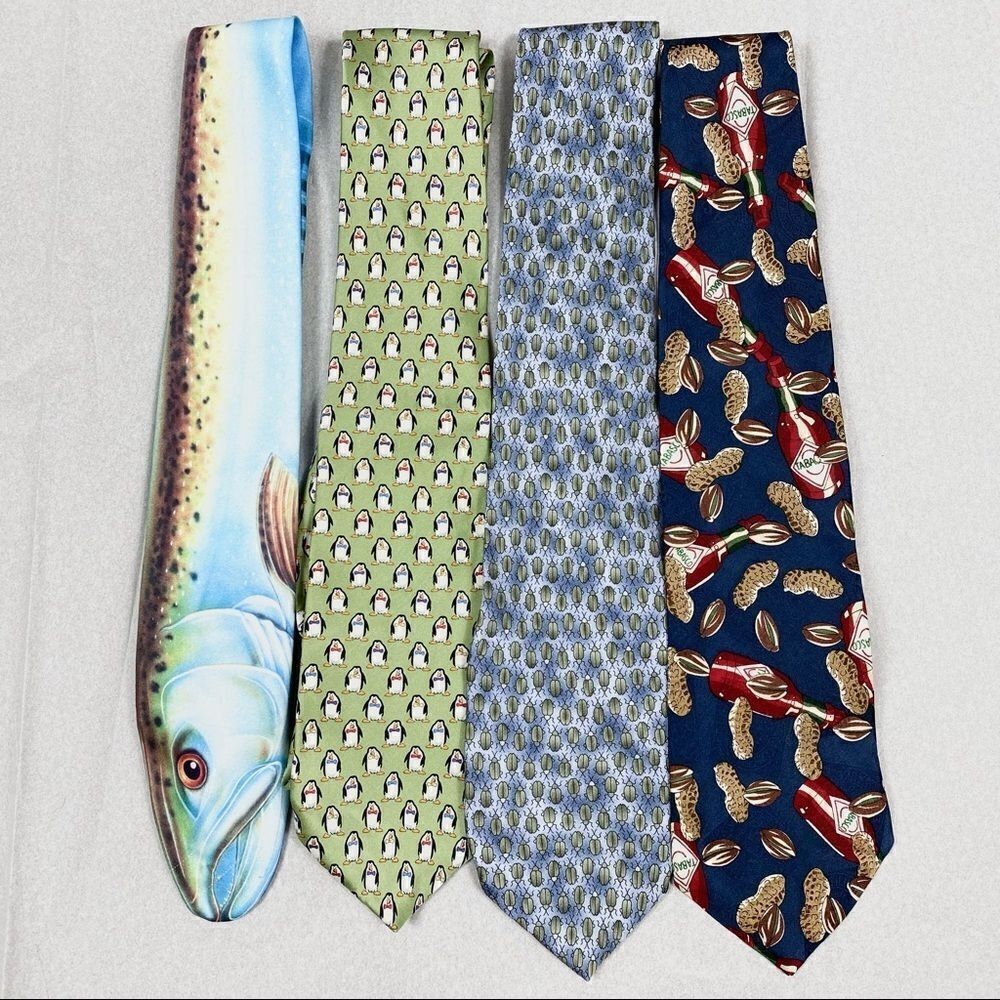 Set of Novelty Ties Tabasco Fish Beetles Penguins